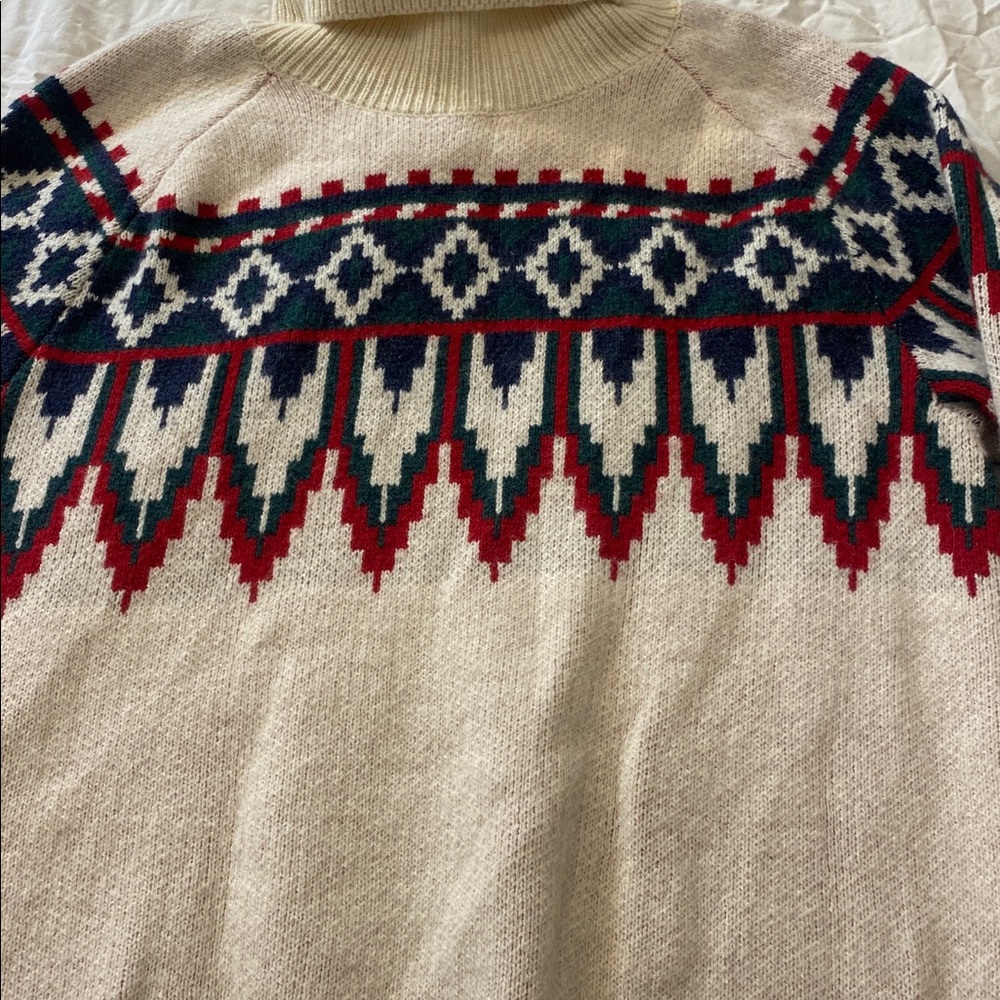 Roots Fair Isle Cream, Red & Green Turtle neck Merino Wool & Cashmere Sweater - Picture 3 of 7